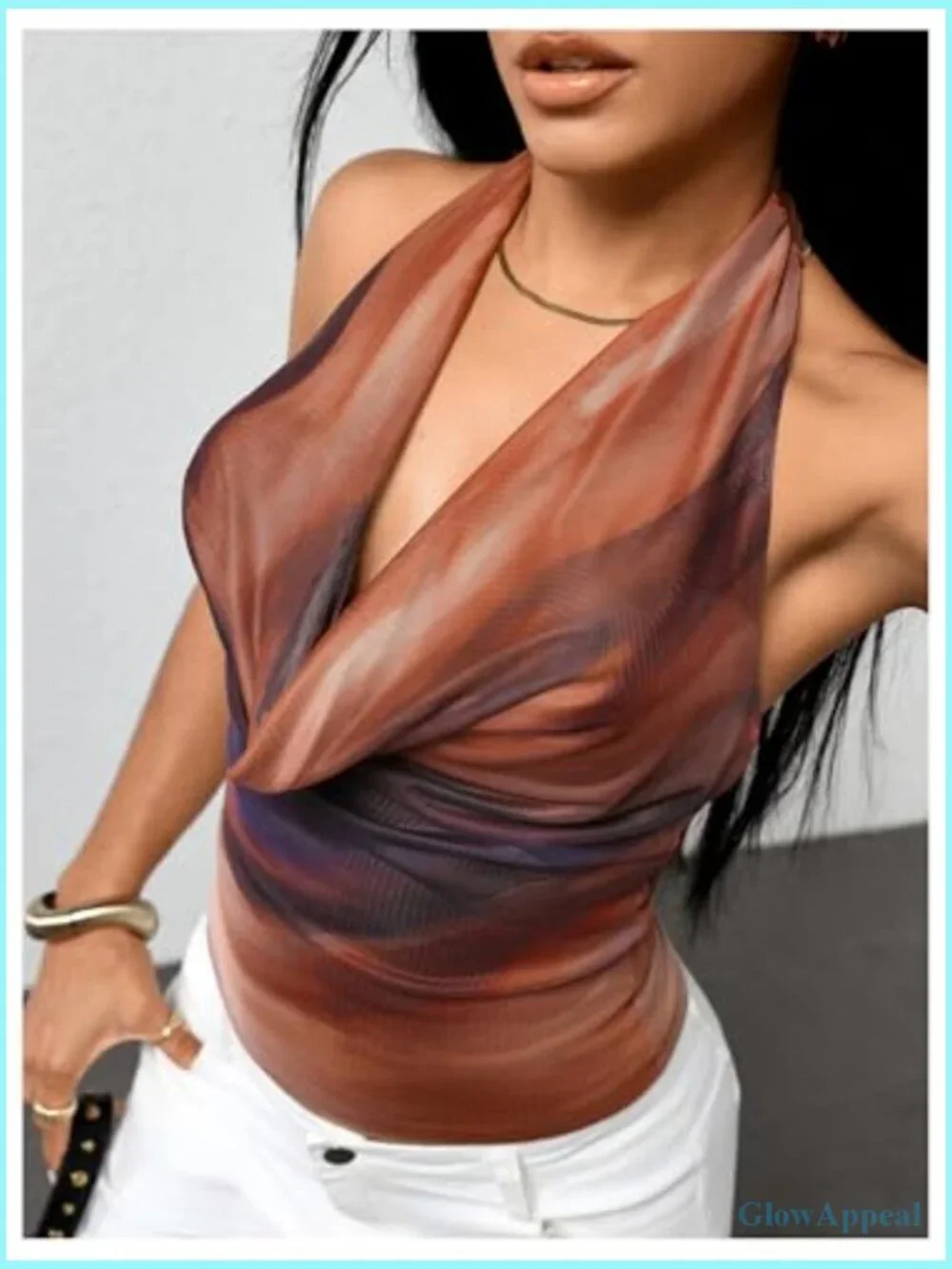 Polka Dot Halter Top Backless Deep V Cowl Neck Crop Tank